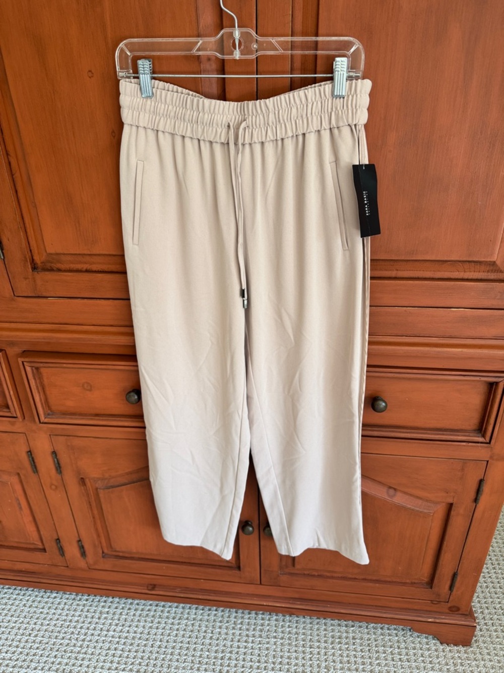 Zara Beige Elastic-Waist Wide-Leg Pants